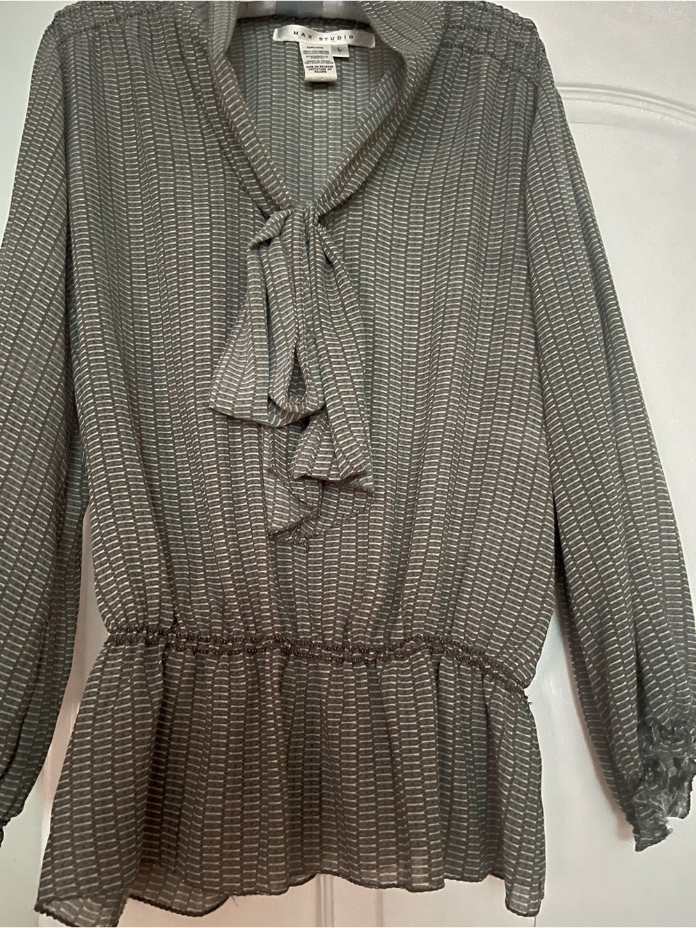 Max Studio Grey Textured Ruffle Tie-Neck Blouse